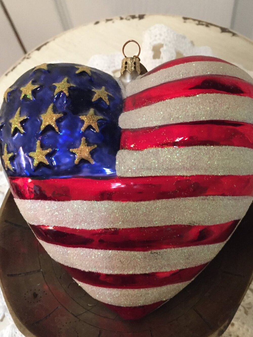 Christopher Radko Brave Heart Glass Red Cross - 9/11 Christmas Ornament Stripes